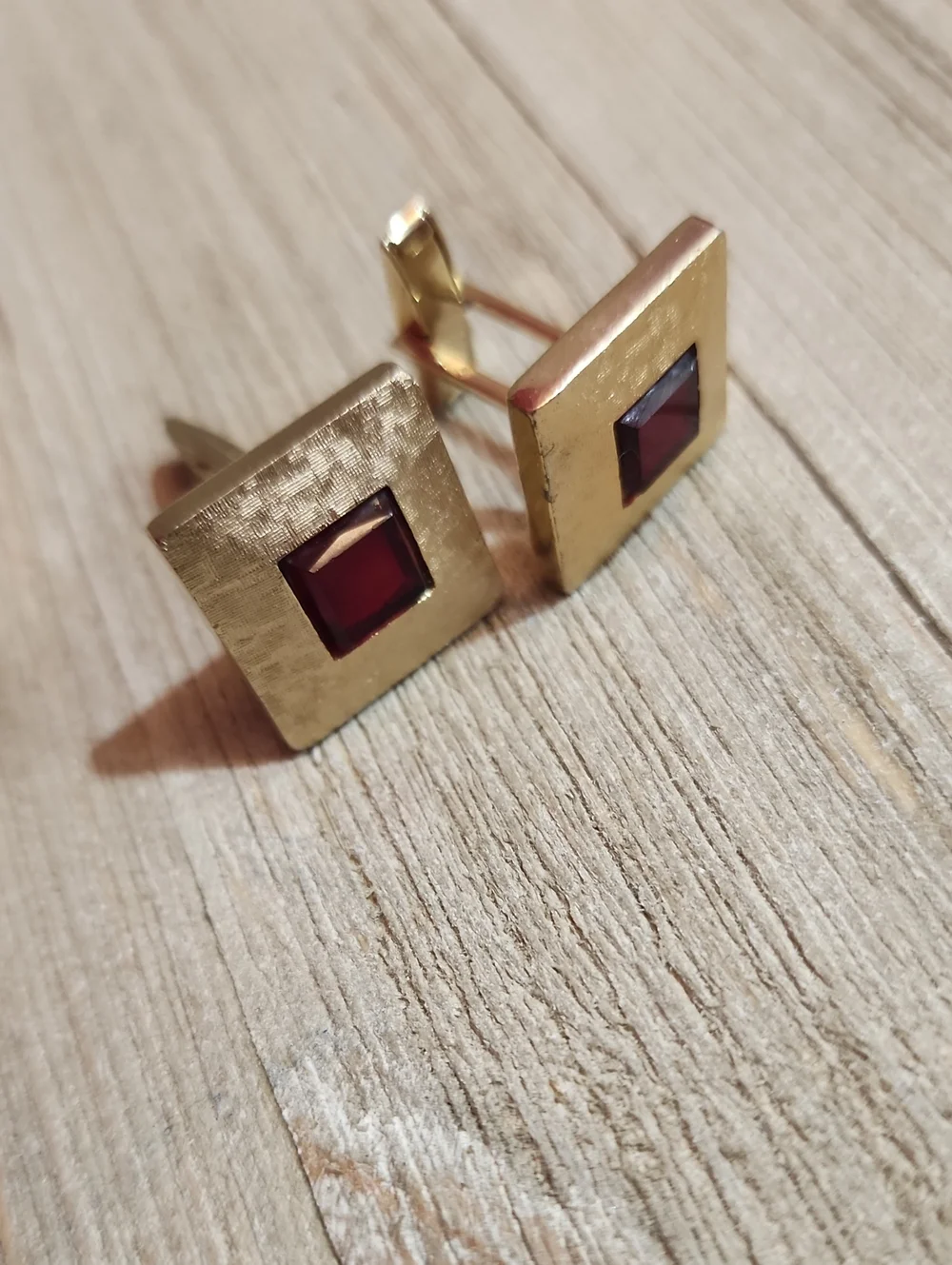 Vintage Gold-Tone Square Cufflinks with Red Stone